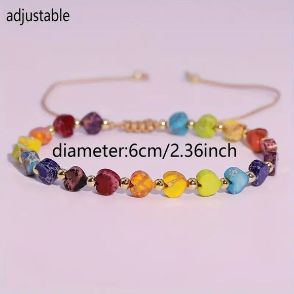 Multi Color Jasper Natural Heart Stone Beaded Bracelet Anklet Braided Adjustable - Picture 4 of 7